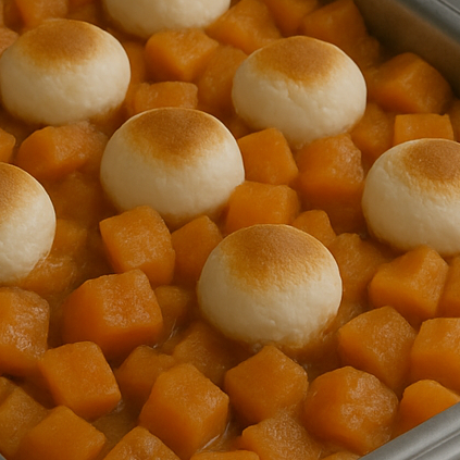 Close-up of dices sweet potato with roasted marshmallows