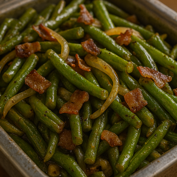 Green beans with bacon bits and onions in a container on a wooden surface