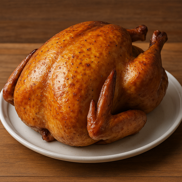 Roasted turkey on a white plate with a wooden background