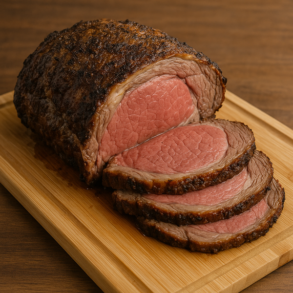 Prime Rib with slice cut, on a wooden cutting board.