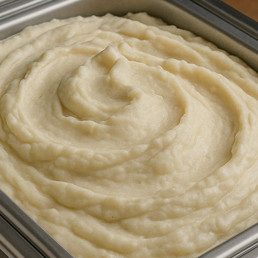 Pot of mashed potatoes on a wooden surface