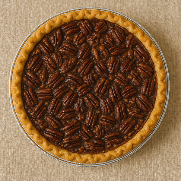 Pecan pie with a golden crust on a beige background